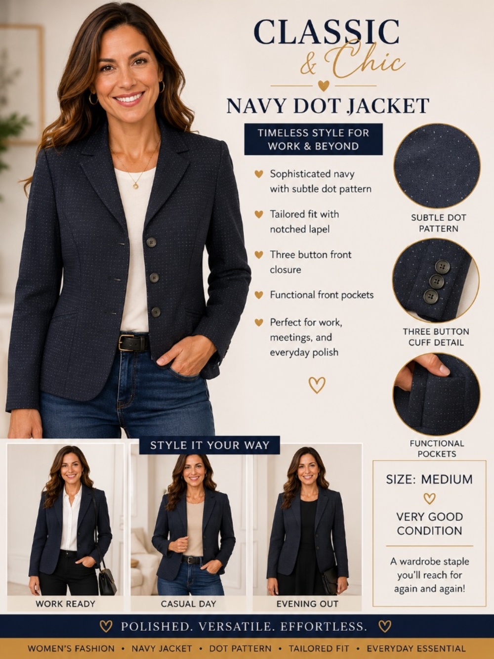 Caslon Navy Micro Dot Tailored Blazer Jacket Size 6